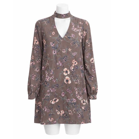 Altar’d State Floral Choker Neck Long Sleeve Shift Dress Taupe Small - Picture 4 of 7